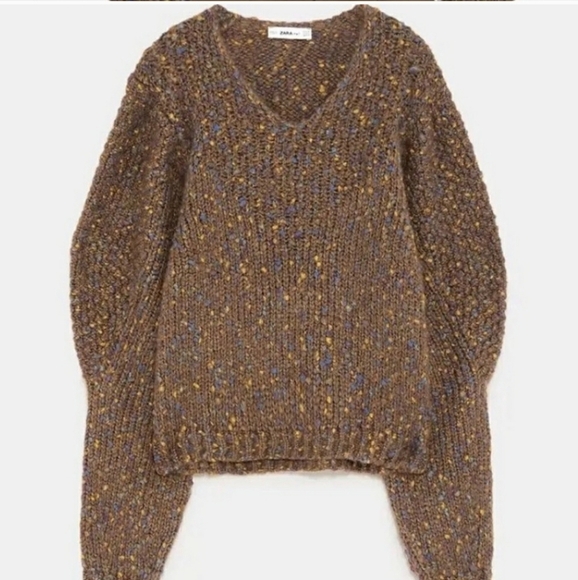 Zara women' Knit Women's Chunky Sweater Long Sleeve V-Neck Brown Speckled Size S - Picture 4 of 12